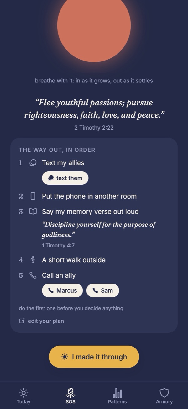 The battle plan on SOS, with buttons to text and call allies.